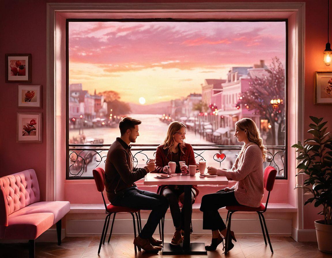 A cozy, warmly lit café setting with a couple sharing a heartfelt conversation over coffee, surrounded by soft pink and red hues symbolizing romance. Include little details like heart-shaped decorations and a nearby window showcasing a sunset. Soft focus effect to enhance emotion and intimacy. super-realistic. warm colors.