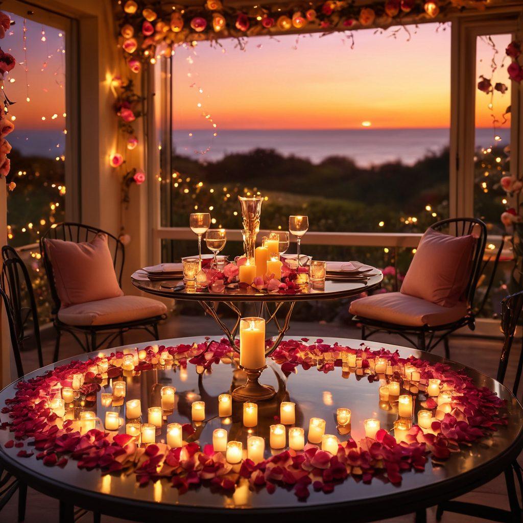 A warm, intimate setting featuring a cozy candlelit dinner table for two, surrounded by soft rose petals and twinkling fairy lights. In the background, a beautiful sunset casts a golden glow, enhancing the romantic atmosphere. Include delicate heart shapes subtly integrated into the decor. super-realistic. vibrant colors. soft focus.