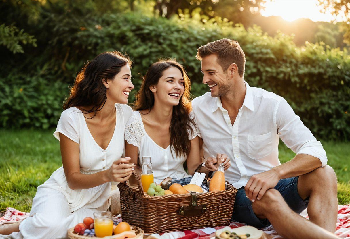 A joyful couple laughing and sharing an intimate moment in a picturesque outdoor setting, surrounded by lush greenery and a vibrant sunset. Include elements of adventure, such as a picnic basket and travel memorabilia, symbolizing shared experiences and lasting memories. The couple should appear deeply connected, radiating warmth and happiness. warm colors, dreamy atmosphere, soft focus.